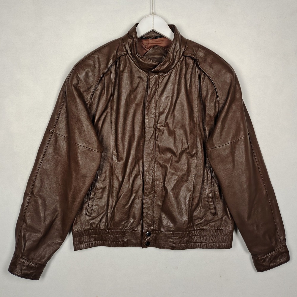 Vintage Brown Genuine Leather Bomber Jacket Raglan Size 44 Made in Korea